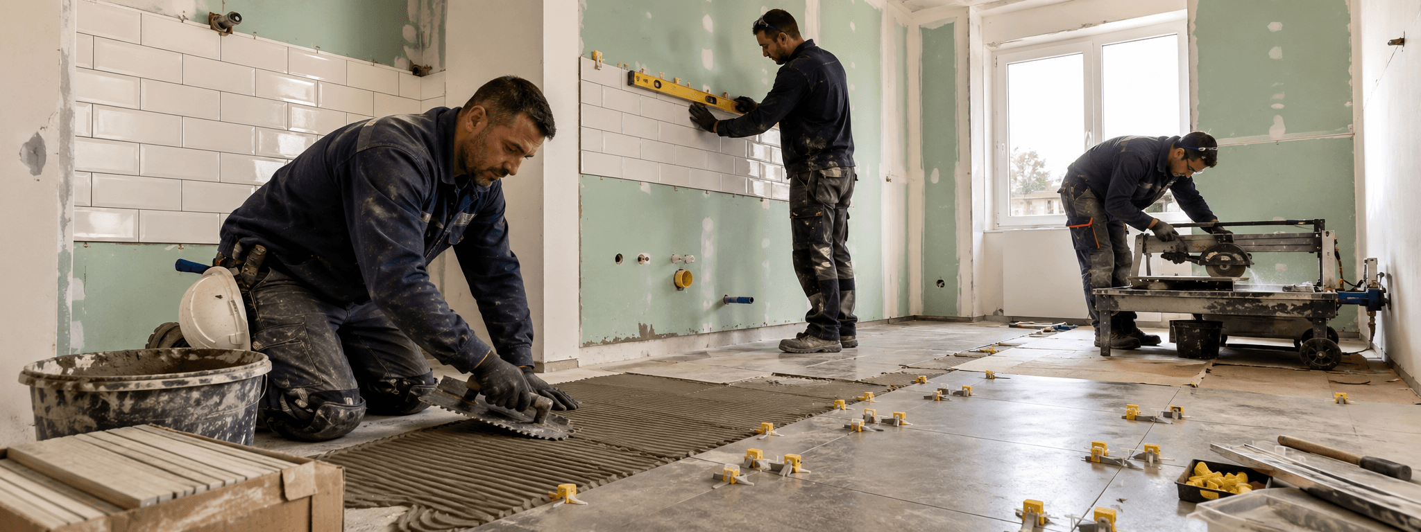 Équipe de carreleurs détachés européens (Portugal, Roumanie) sur chantier de rénovation parc social, pose sol grès cérame et faïence murale, croisillons auto-nivelants et EPI complets