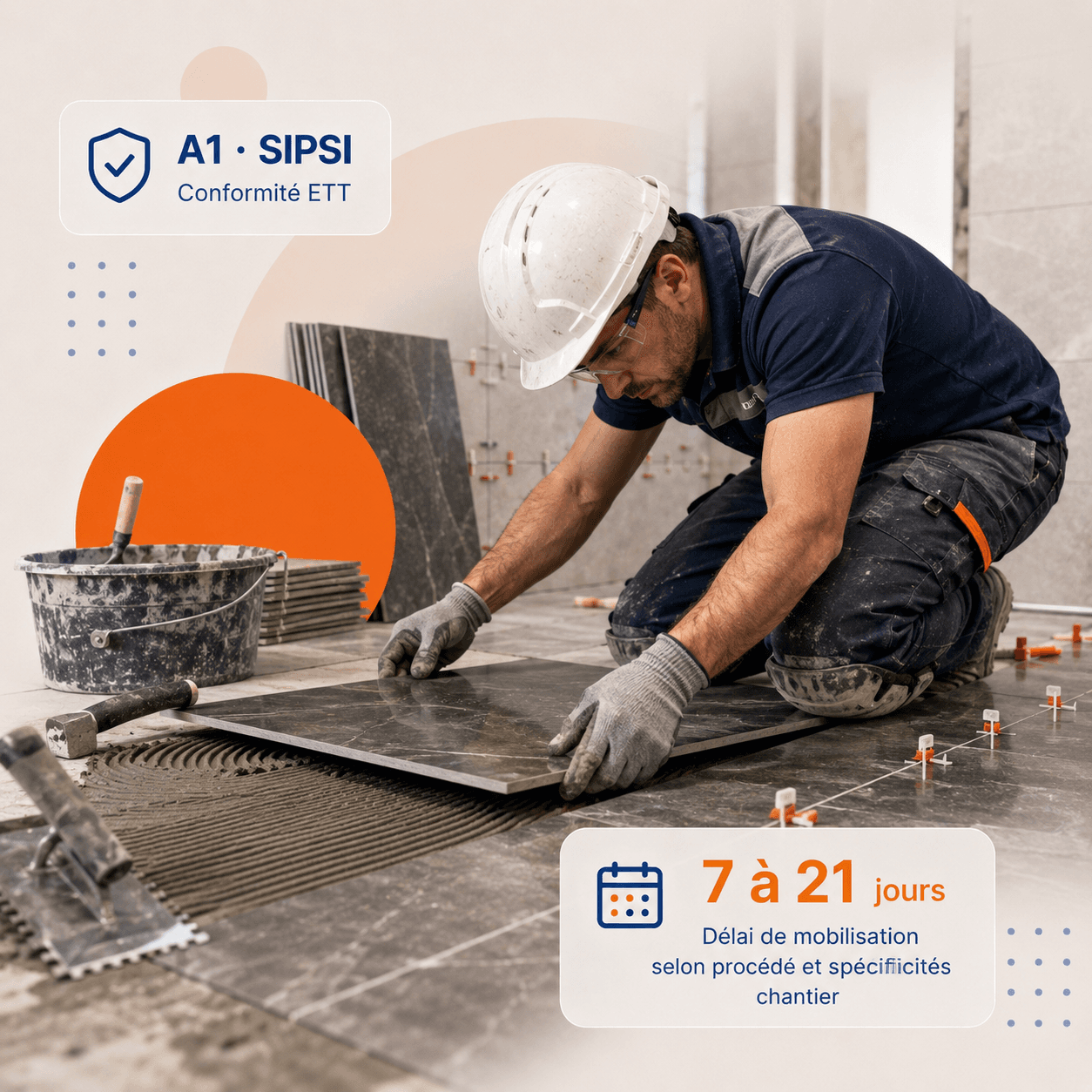 Carreleur détaché européen (Portugal, Roumanie) sur chantier logement neuf, pose carrelage sol grand format en double encollage avec croisillons auto-nivelants, EPI complets
