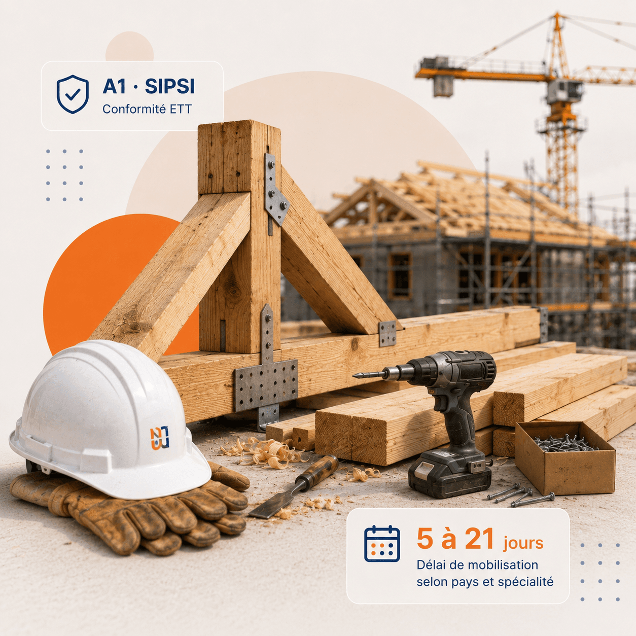 Charpentier détaché européen (Roumanie) sur chantier charpente bois traditionnelle