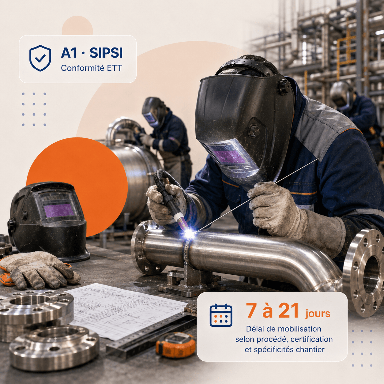 Chaudronnier et tuyauteur industriel détaché européen en atelier, soudure TIG sur cuve inox 316L et tuyauterie alimentaire, cagoule auto-obscurcissante et EPI complets