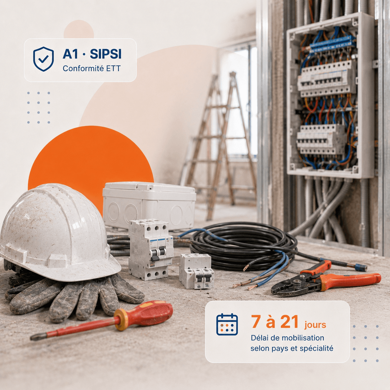 Électricien bâtiment détaché européen (Portugal, Roumanie) sur chantier, raccordement tableau électrique, EPI complets et habilitation NF C 18-510 française produite par l'ETT