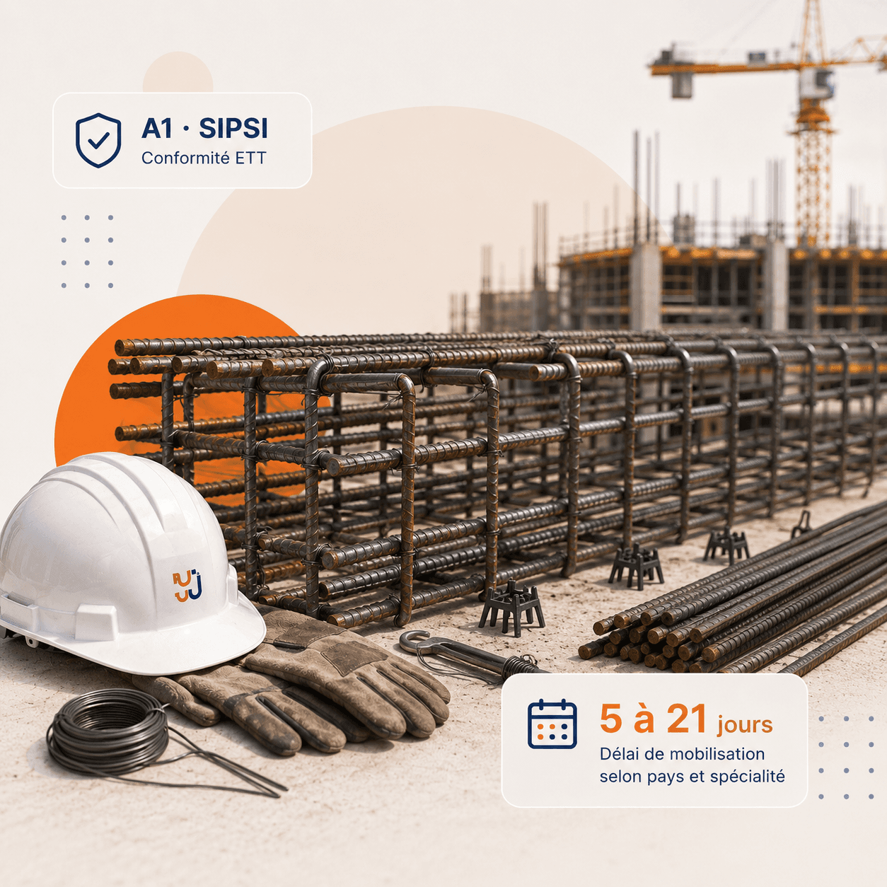 Ferrailleur détaché européen (Portugal, Roumanie, Pologne) assemblant une cage d'armature