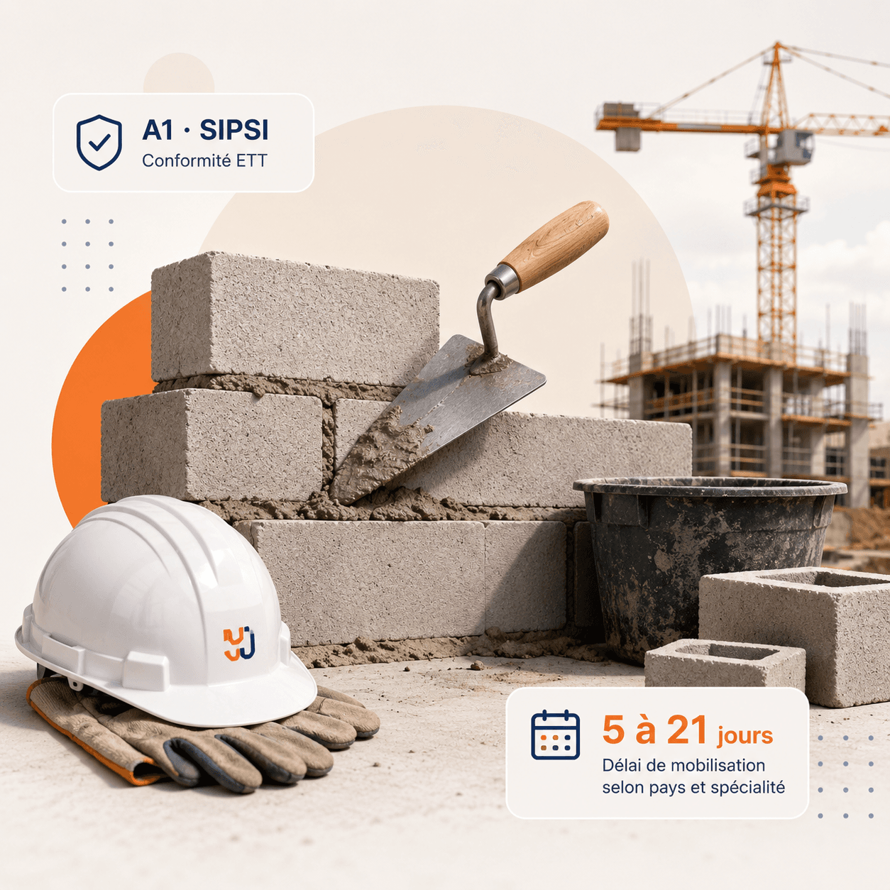 Maçon détaché européen sur chantier, montage parpaings avec truelle