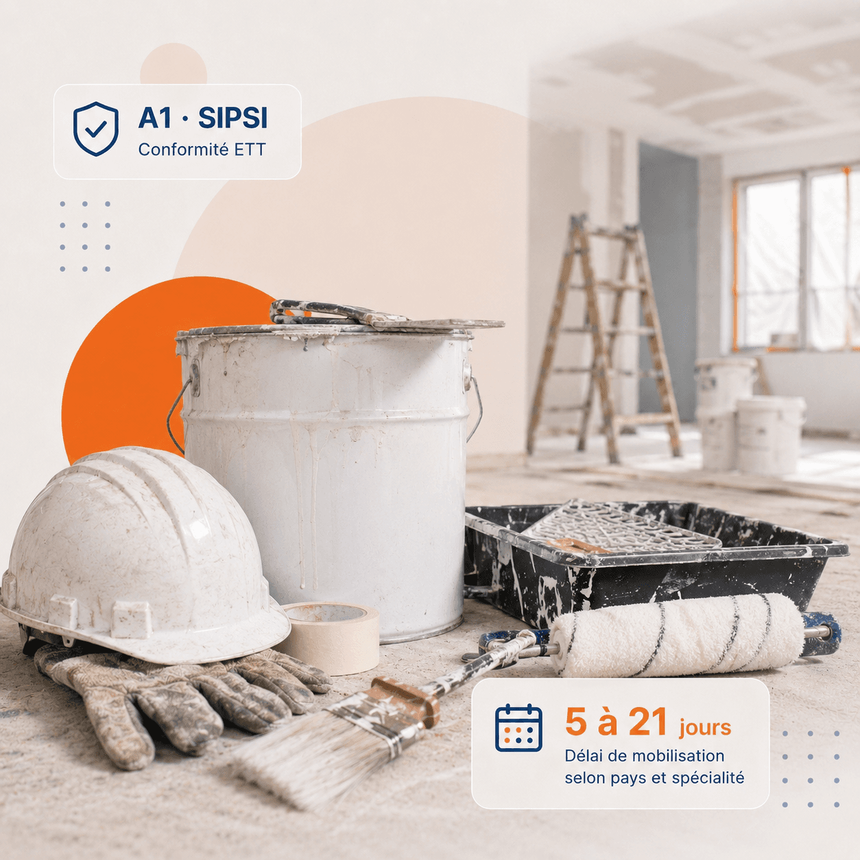 Peintre en bâtiment détaché européen (Portugal, Roumanie) sur chantier de finition intérieure, rouleau et combinaison de travail