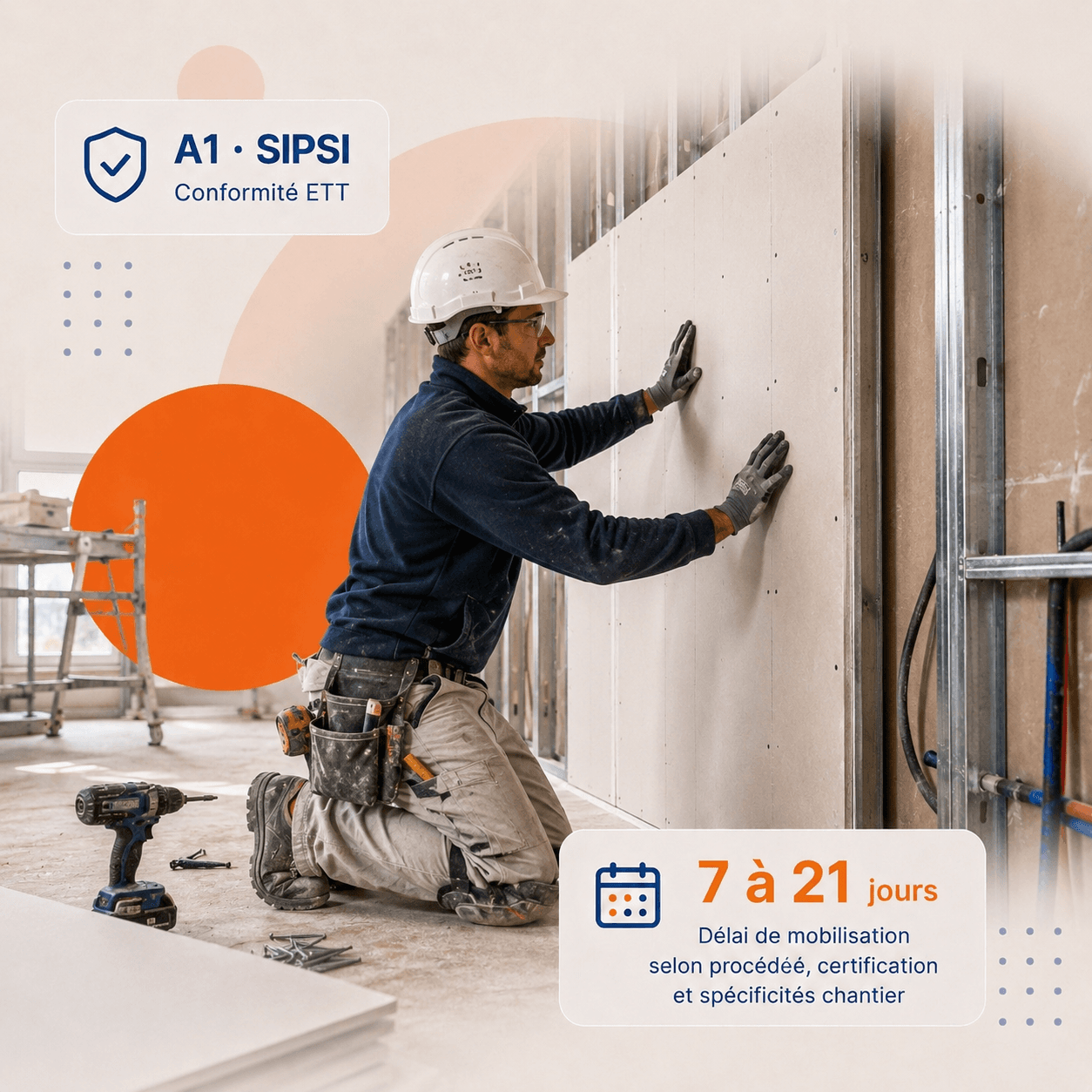 Plaquiste détaché européen (Portugal, Roumanie) sur chantier logement neuf, vissage de plaque de plâtre sur ossature métallique, masque anti-poussière et EPI complets