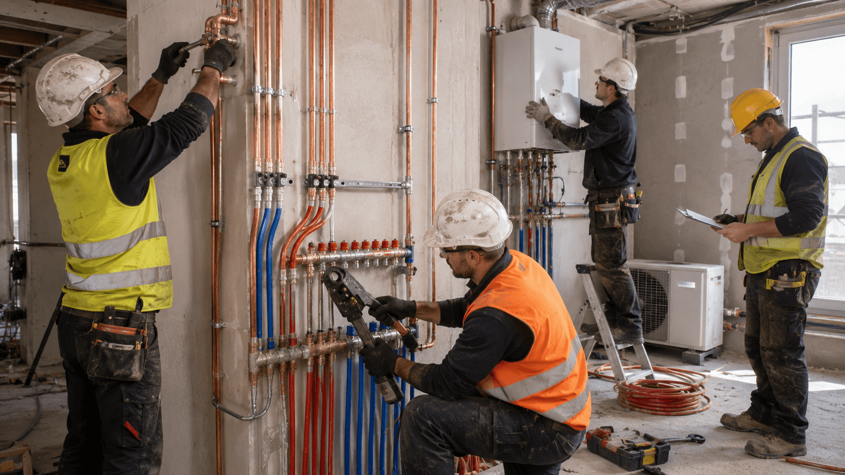 Équipe de plombiers-chauffagistes détachés européens installant un réseau hydraulique de chauffage central