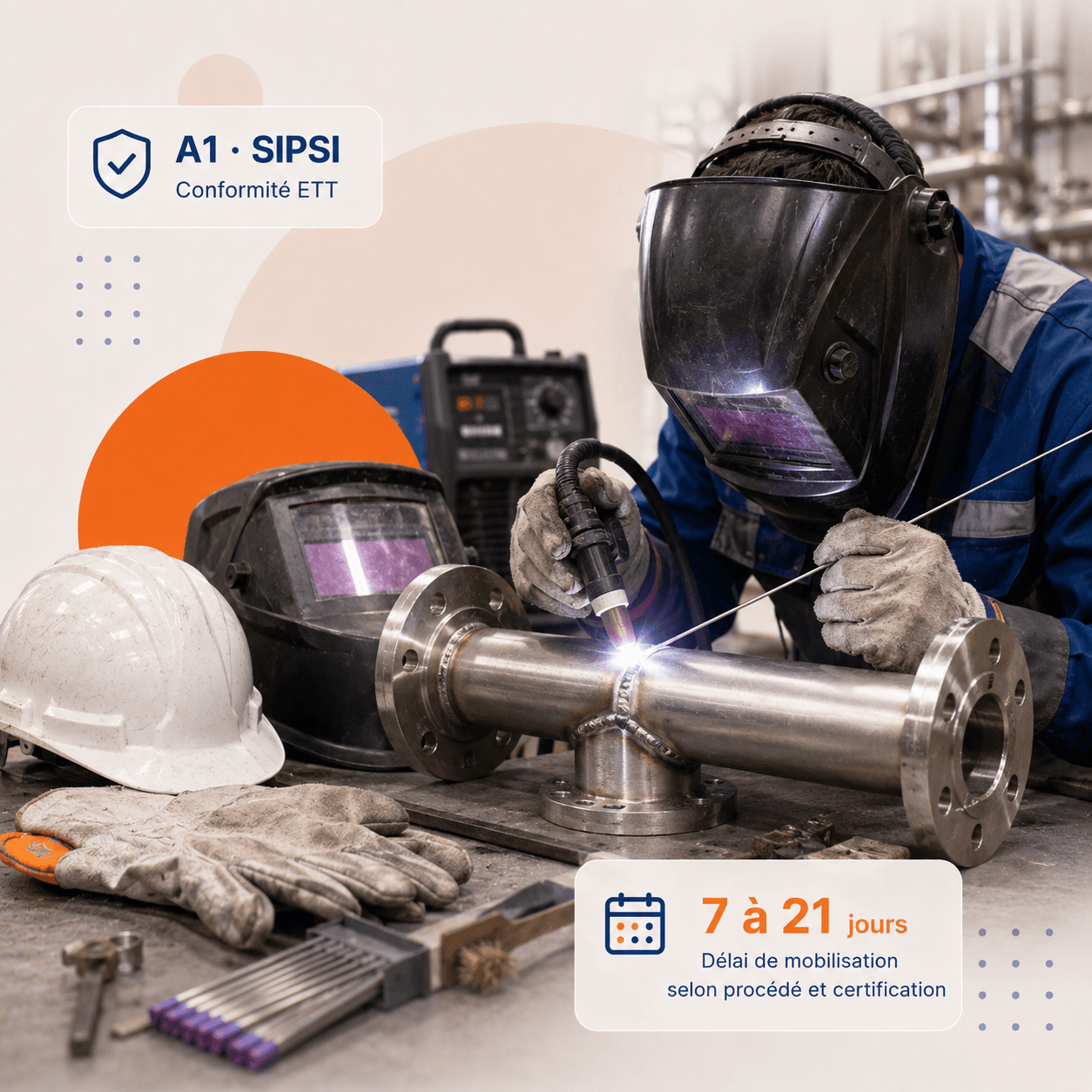 Soudeur TIG inox détaché européen (Portugal) en atelier industriel, arc TIG bleu sur tuyauterie inox 316L, cagoule auto-obscurcissante et EPI complets