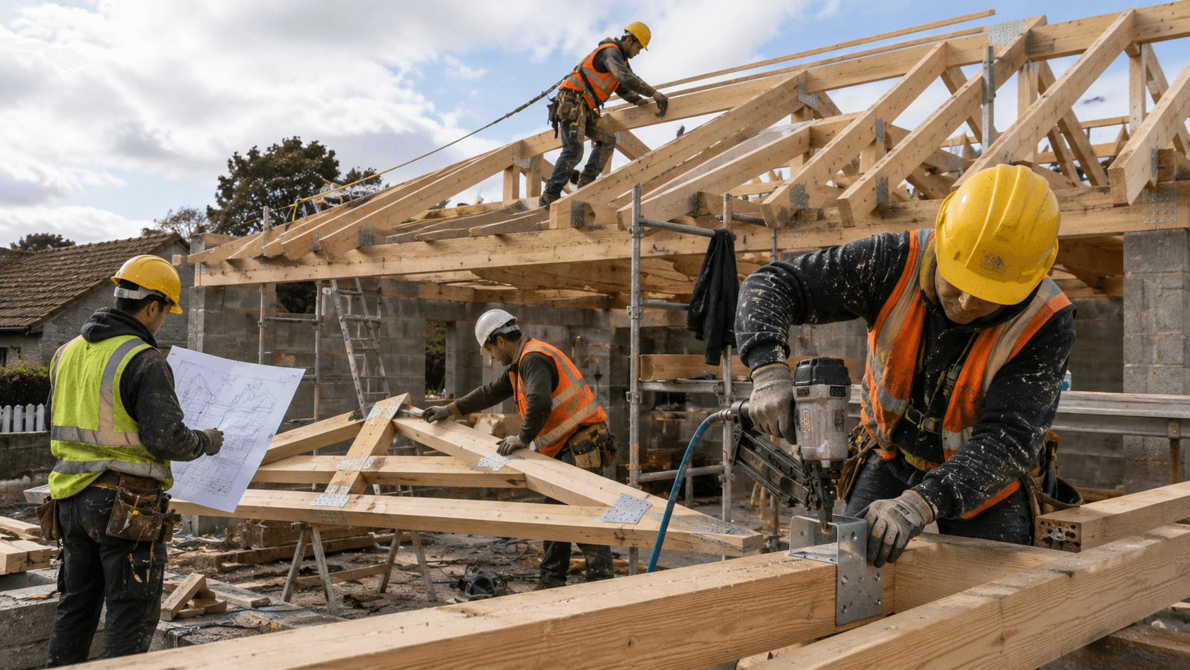 Équipe de charpentiers détachés européens montant une charpente bois traditionnelle ou fermette