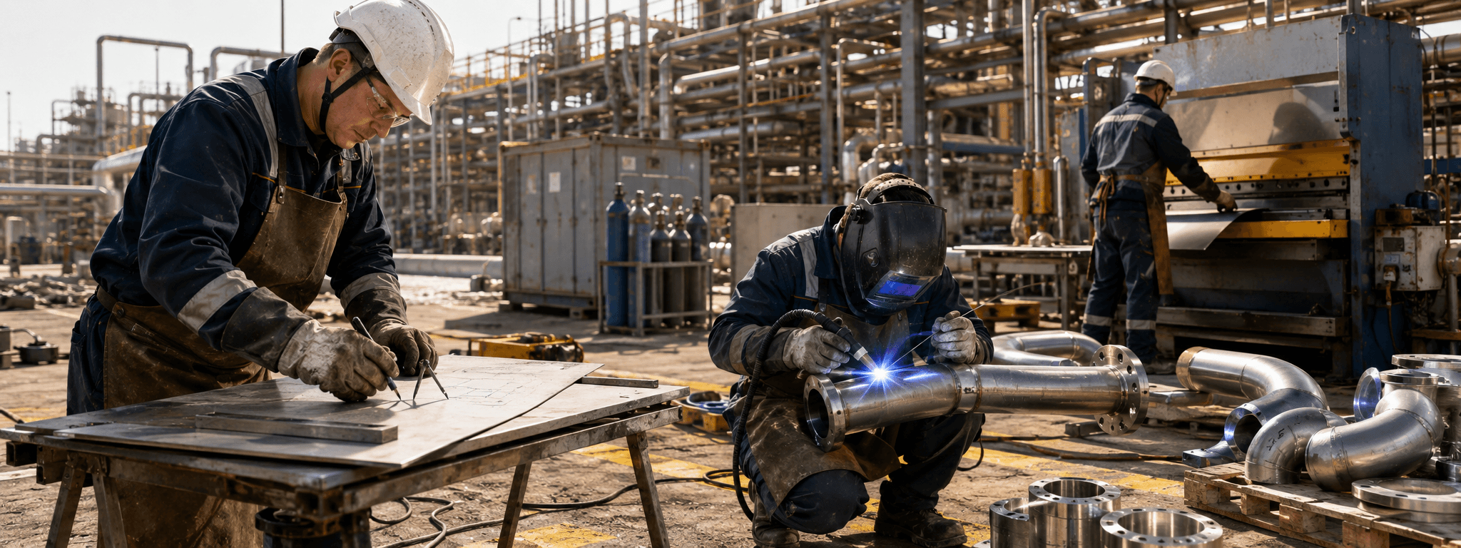 Équipe de chaudronniers et tuyauteurs détachés européens (Portugal, Pologne, Roumanie) sur chantier raffinerie ou pipe-rack pétrochimique, intervention sur tuyauterie inox 316L, EPI complets et qualifications NF EN ISO 9606-1