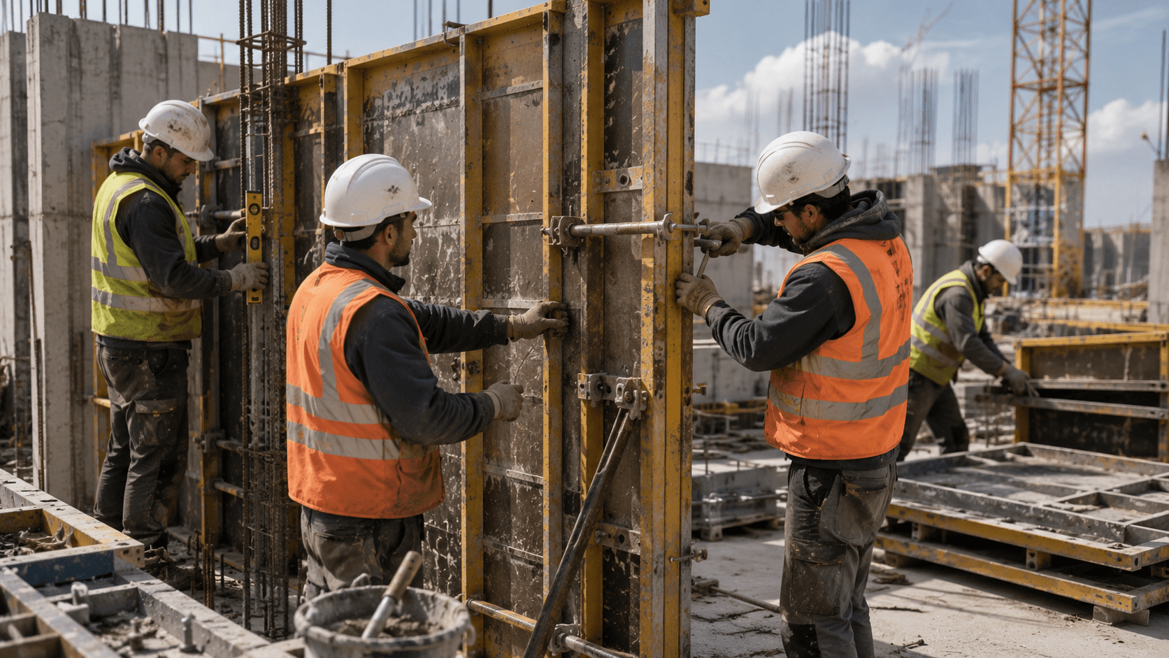 Équipe de coffreurs-bancheurs détachés européens montant un coffrage banché pour voile béton armé