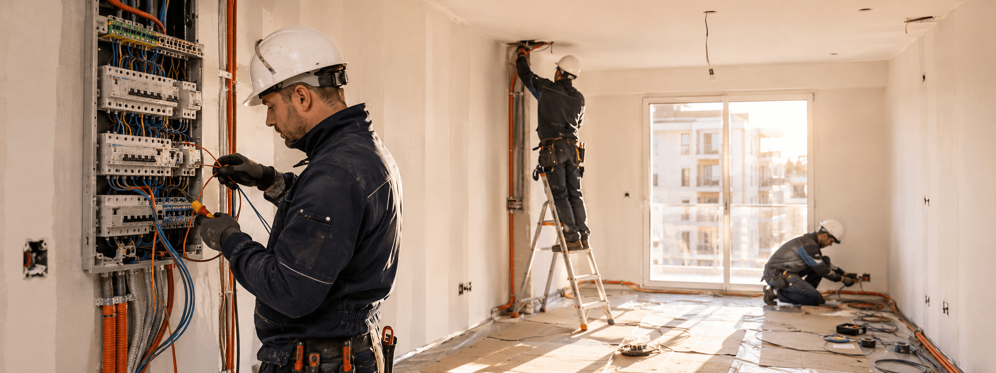 Équipe d'électriciens bâtiment détachés européens (Portugal, Roumanie) en chantier résidentiel collectif neuf, raccordement tableau divisionnaire et tirage de gaines ICTA, EPI complets et habilitations NF C 18-510