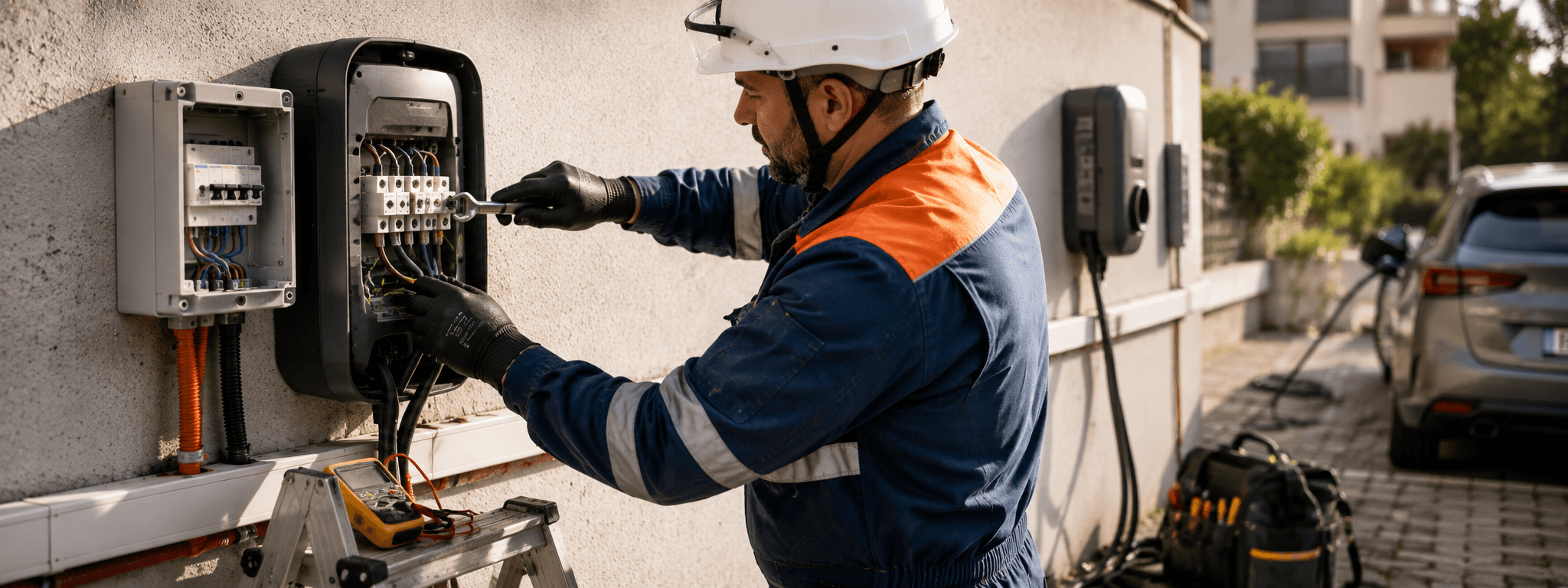 Électricien bâtiment détaché européen en pleine installation d'une borne de recharge IRVE en programme rénovation énergétique copropriété, raccordement triphasé 32A, habilitation NF C 18-510 BR
