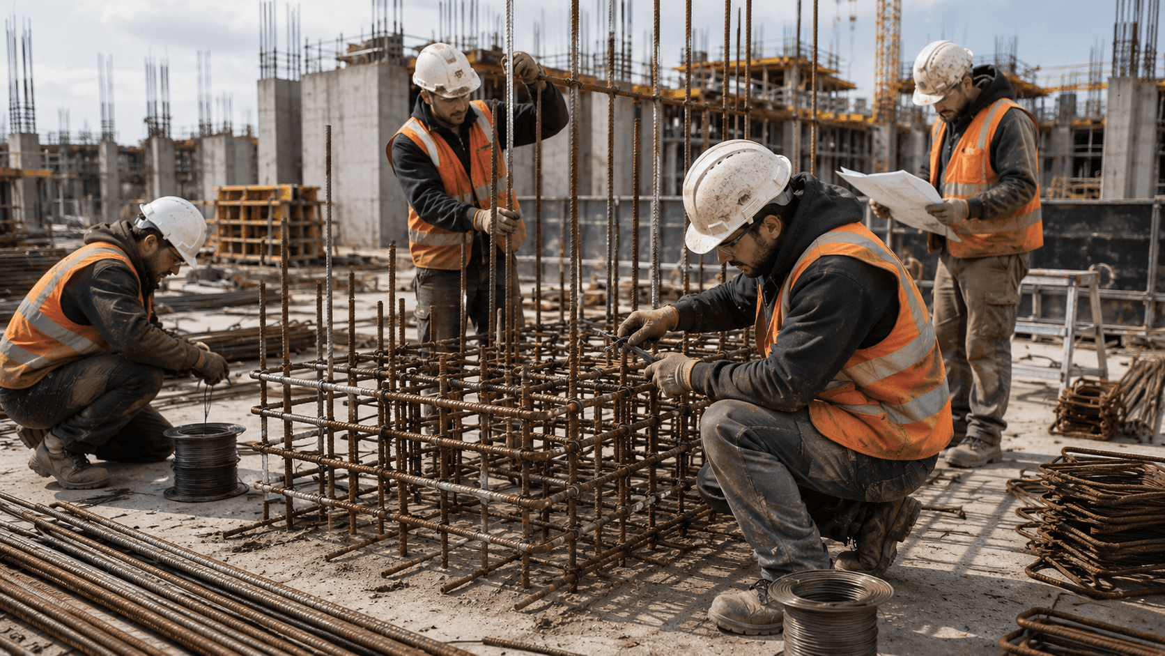 Équipe de ferrailleurs détachés européens montant une cage d'armature pour voile béton armé