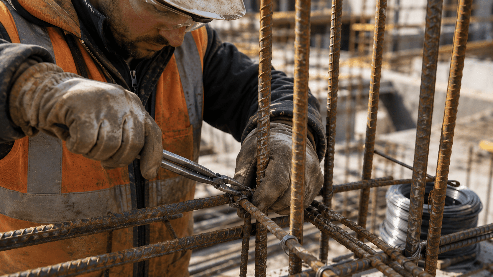 Ferrailleur détaché européen en pleine ligature au fil de fer recuit ou pose de cage d'armature