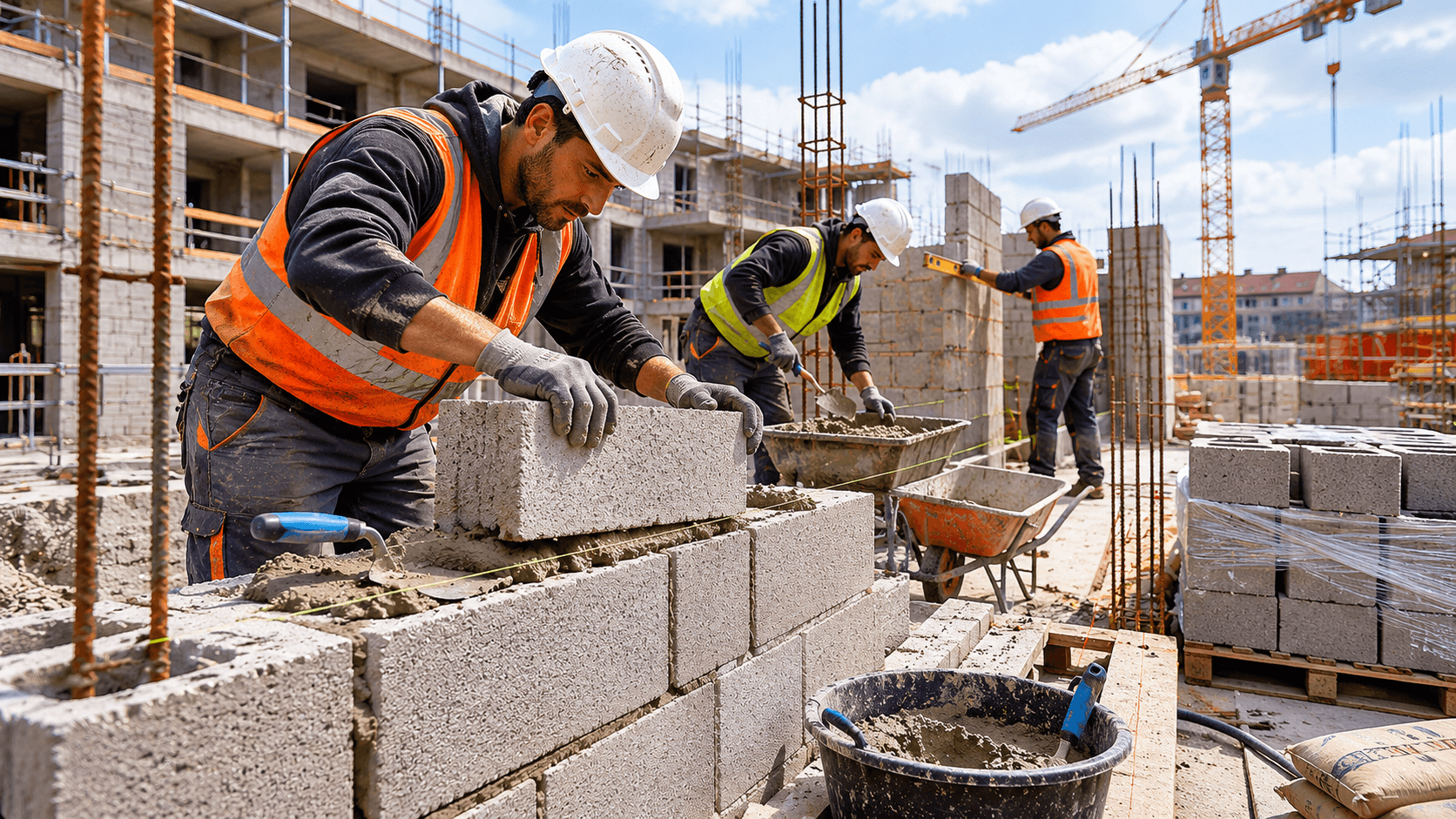 Équipe de maçons détachés européens en pleine élévation de murs sur chantier gros œuvre français