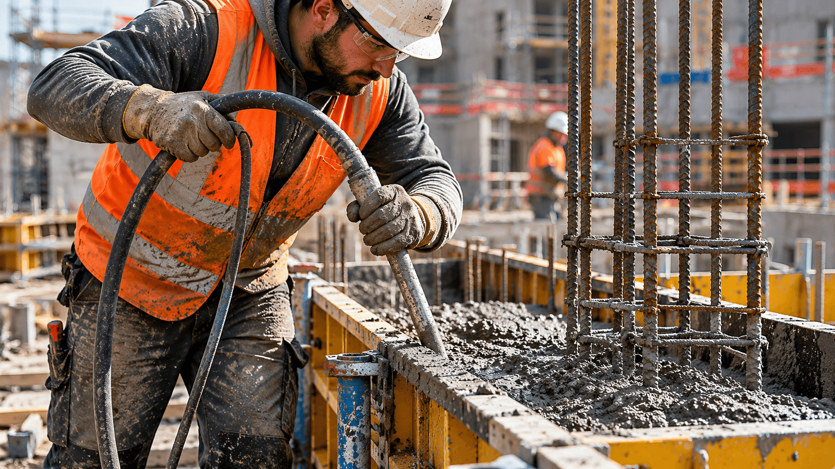 Maçon détaché européen en plein geste technique : coulage béton ou ferraillage sur chantier