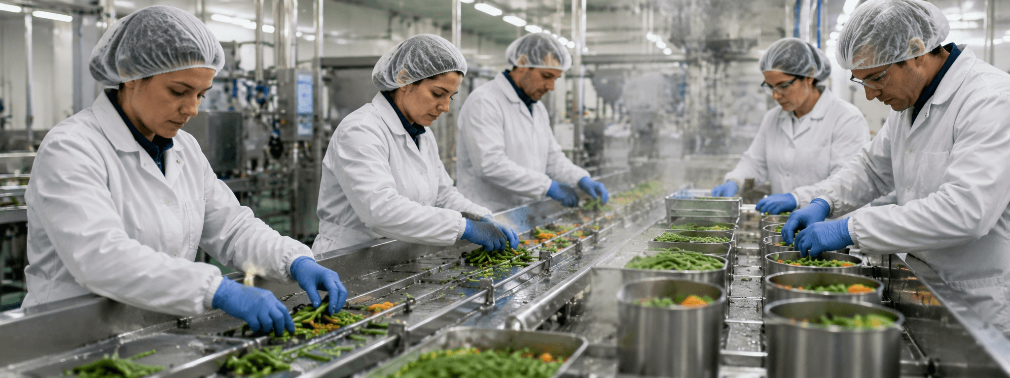 Équipe d'ouvriers agro-alimentaires détachés européens (Roumanie, Bulgarie) sur ligne de conserverie de légumes, tri et conditionnement en cadence, charlottes, blouses blanches et EPI agro complets, zone de production HACCP