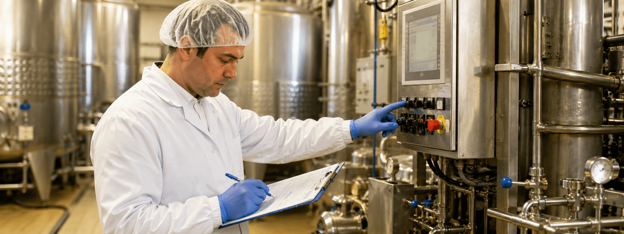 Conducteur de ligne agro-alimentaire détaché européen en laiterie ou cave coopérative de vinification, paramétrage machine et renseignement de la traçabilité HACCP, charlotte, blouse blanche et gants nitrile