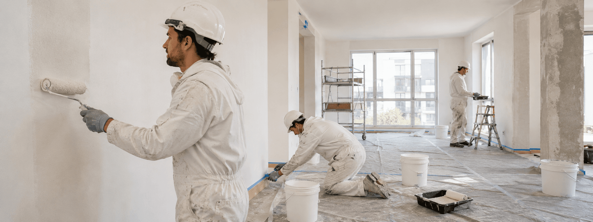 Équipe de peintres en bâtiment détachés européens (Portugal, Roumanie) en finition intérieure logement neuf, EPI complets