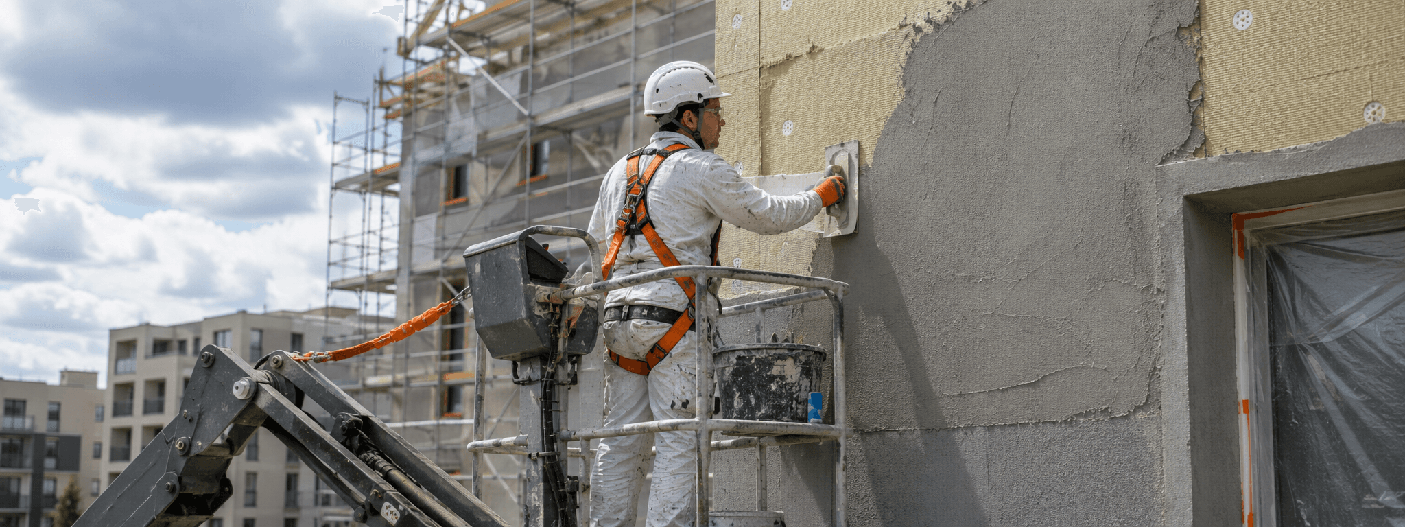 Peintre en bâtiment détaché européen en pleine application au rouleau ou pose de revêtement mural, geste technique de finition