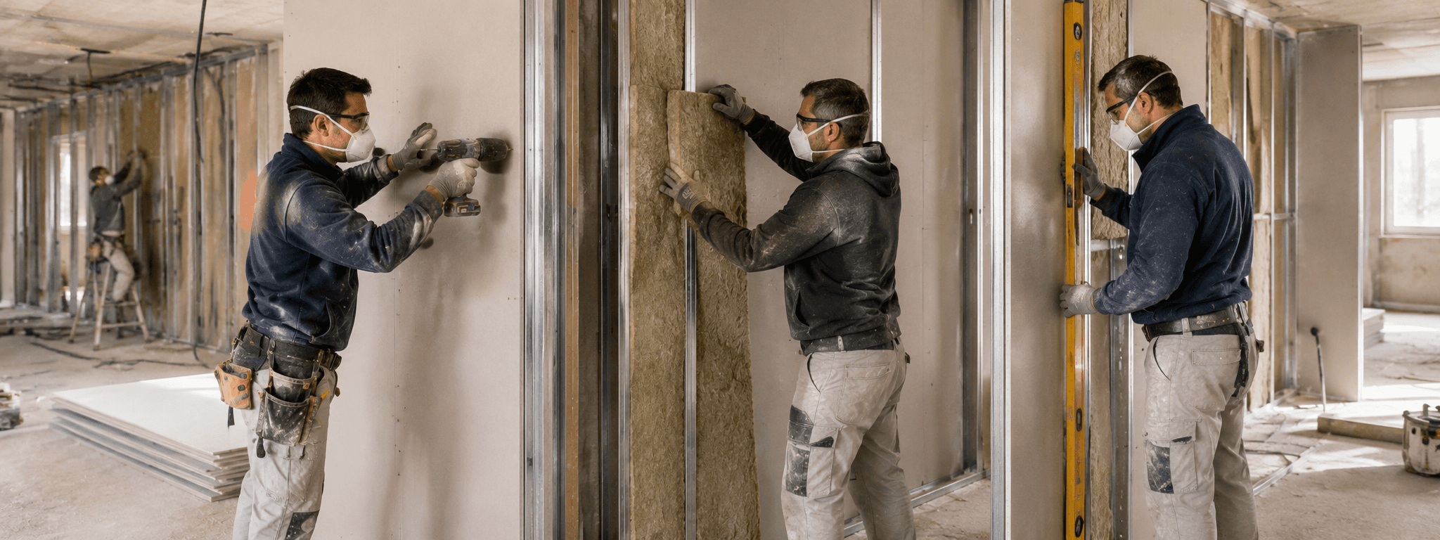 Équipe de plaquistes détachés européens (Portugal, Roumanie) sur chantier de logement neuf, pose de cloisons et doublages en plaques de plâtre sur ossature métallique avec intégration d'isolant, masques anti-poussière et EPI complets