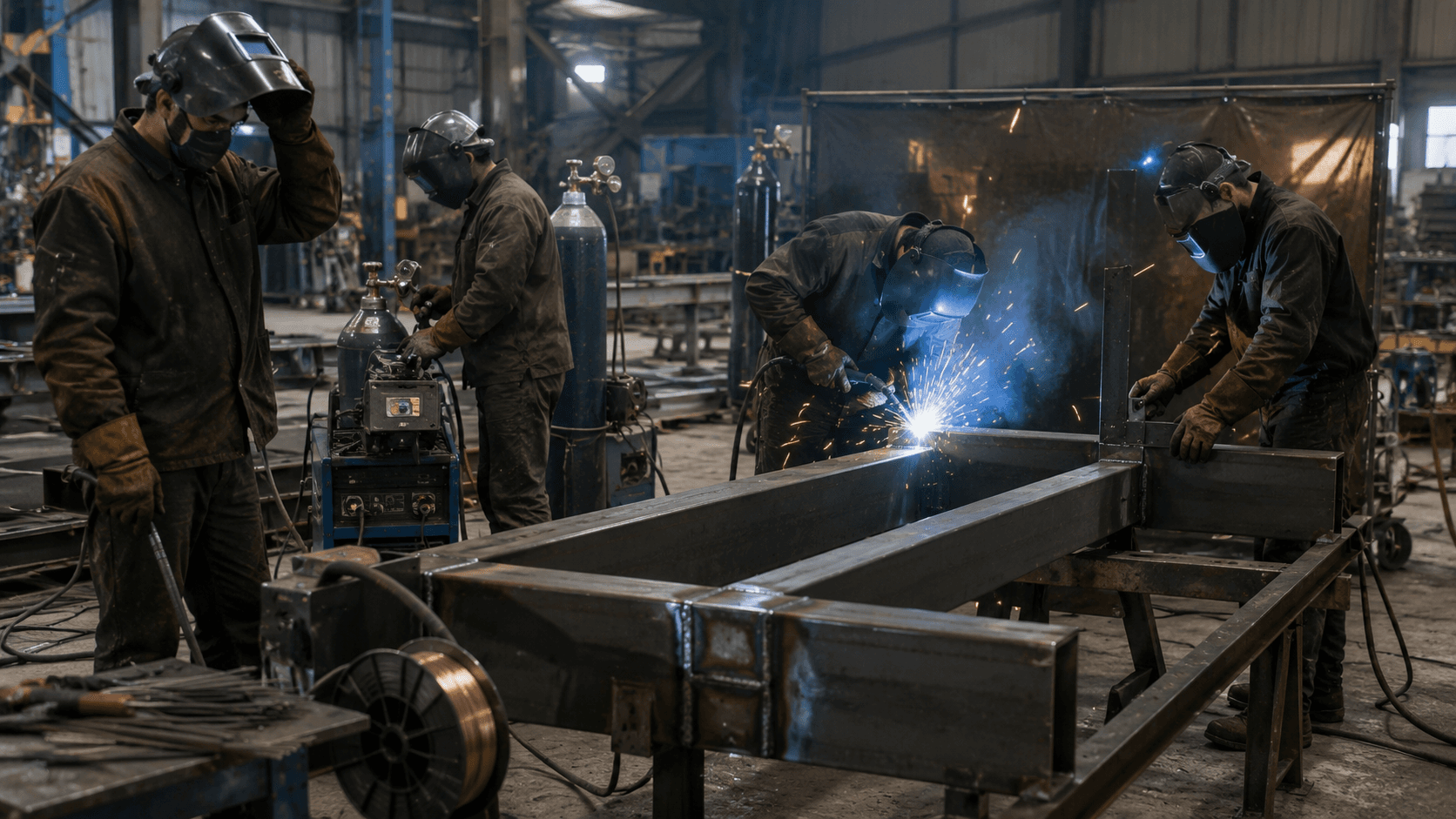 Équipe de soudeurs détachés européens (Portugal, Roumanie, Pologne) sur chantier structure métallique