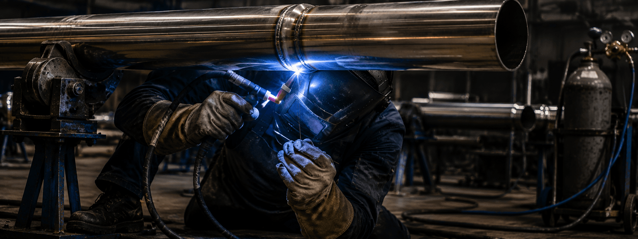 Soudeur TIG inox détaché européen en pleine passe technique TIG 141 sur tuyauterie inox position 6G, arc bleu vif et bain de fusion argenté, inertage envers à l'argon