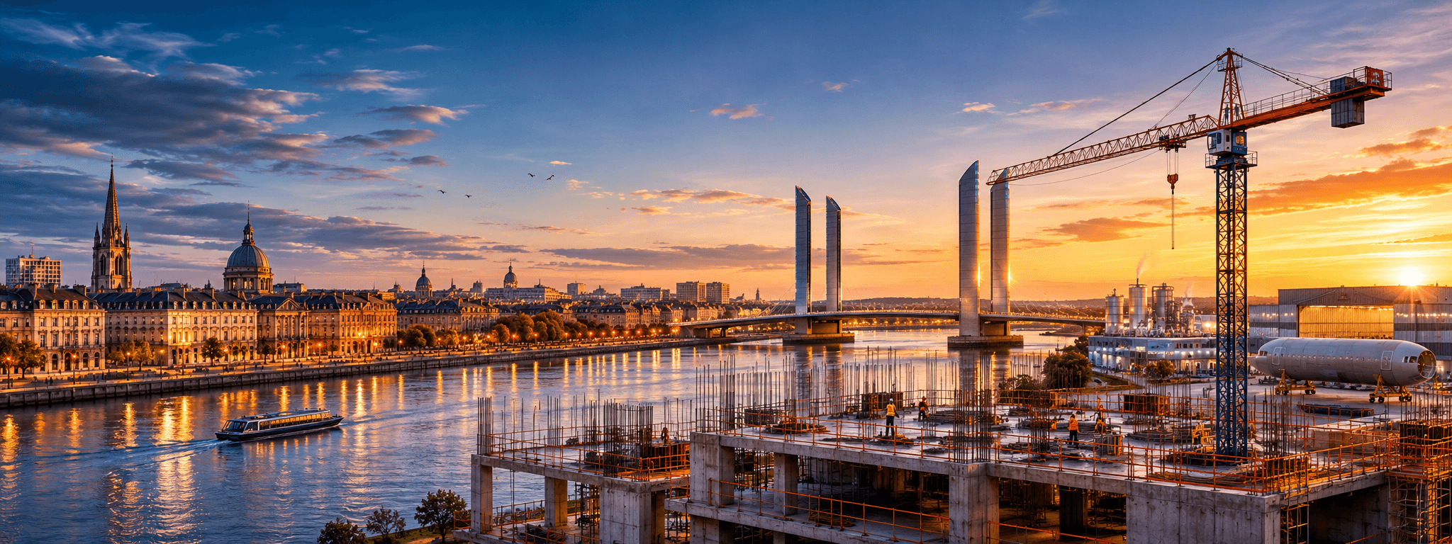 Quais de Bordeaux, pont Chaban-Delmas et chantier BTP au coucher du soleil
