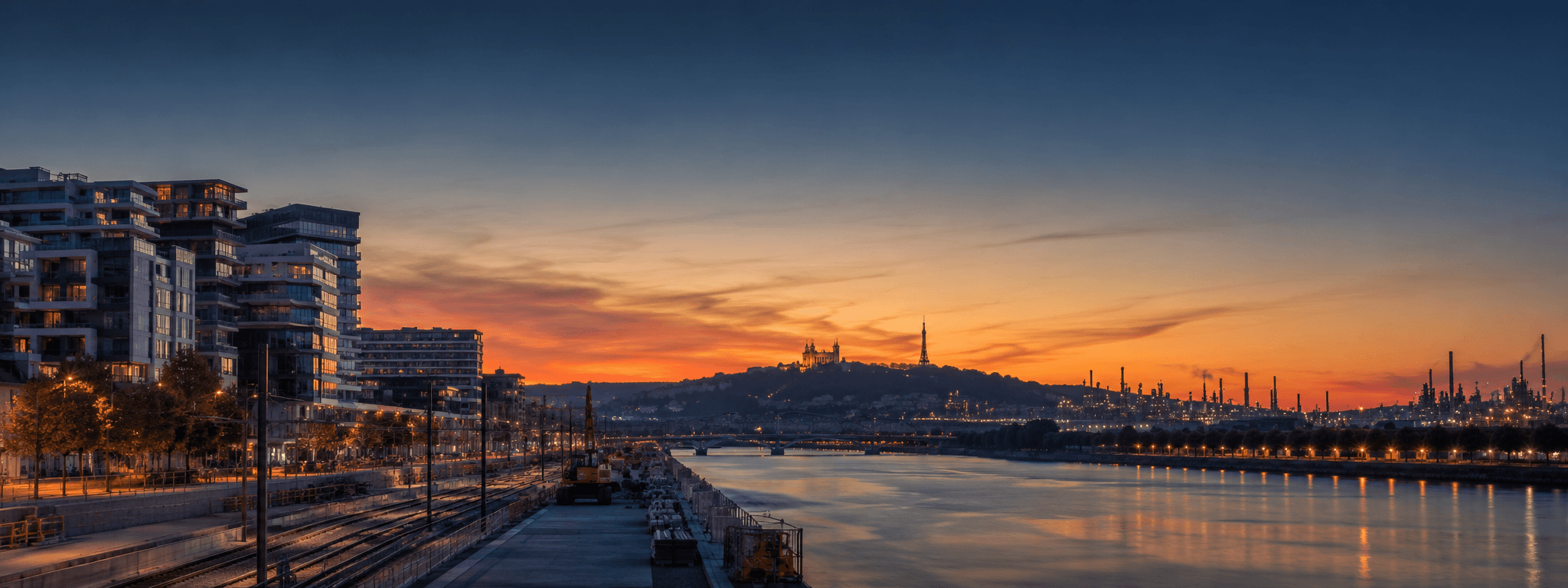 Quais de Lyon, colline de Fourvière et vallée de la chimie au crépuscule