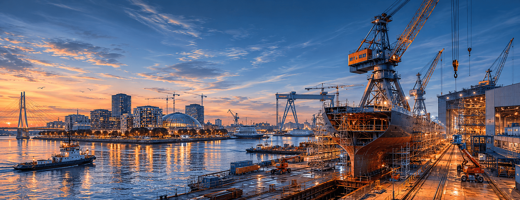 Chantiers navals de Nantes Saint-Nazaire, coque de navire en construction au crépuscule