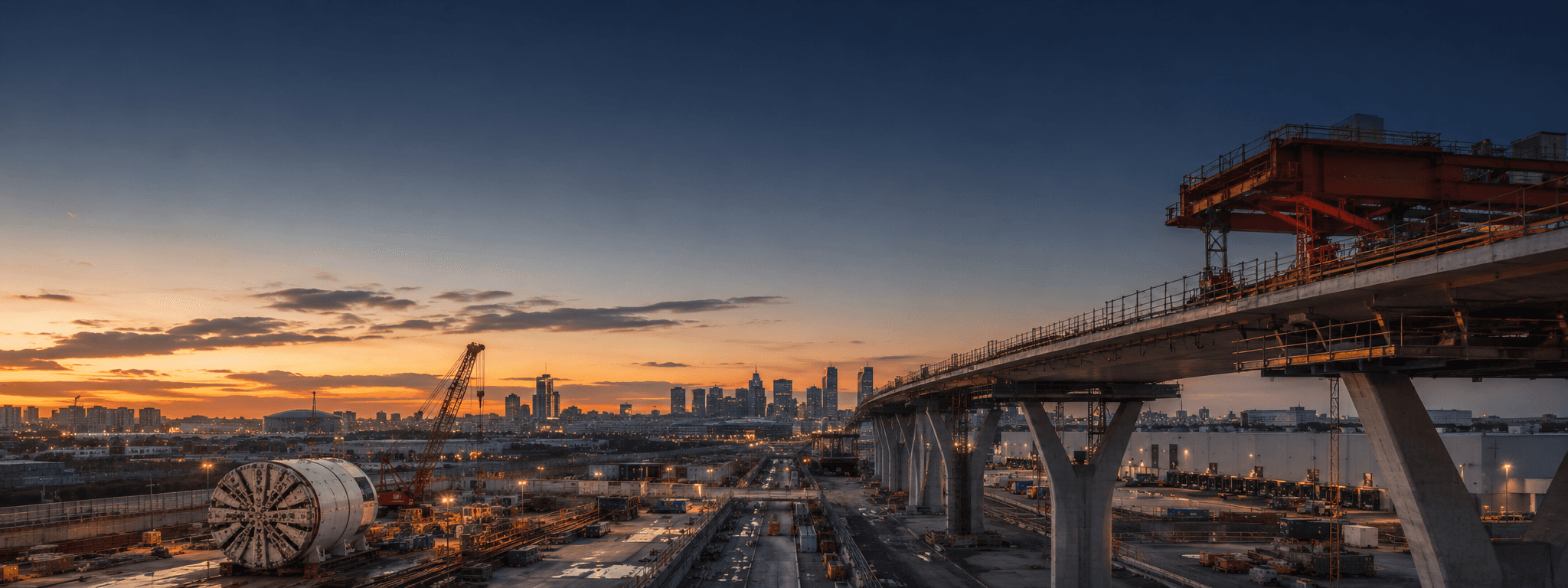 Chantier du Grand Paris Express, viaduc en construction et tunnelier au coucher du soleil