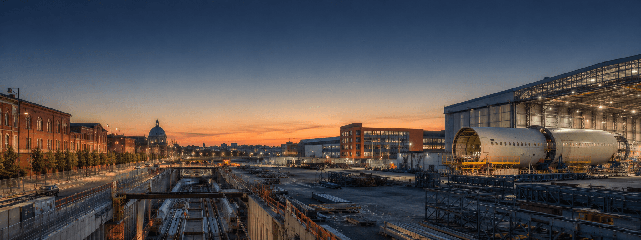 Hall d'assemblage aéronautique à Toulouse, fuselage et chantier de ligne de métro